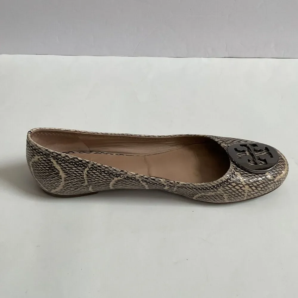 Tory Burch Reva Snakeskin Python Embossed Ballet Flats Sz 8M medallion Logo
